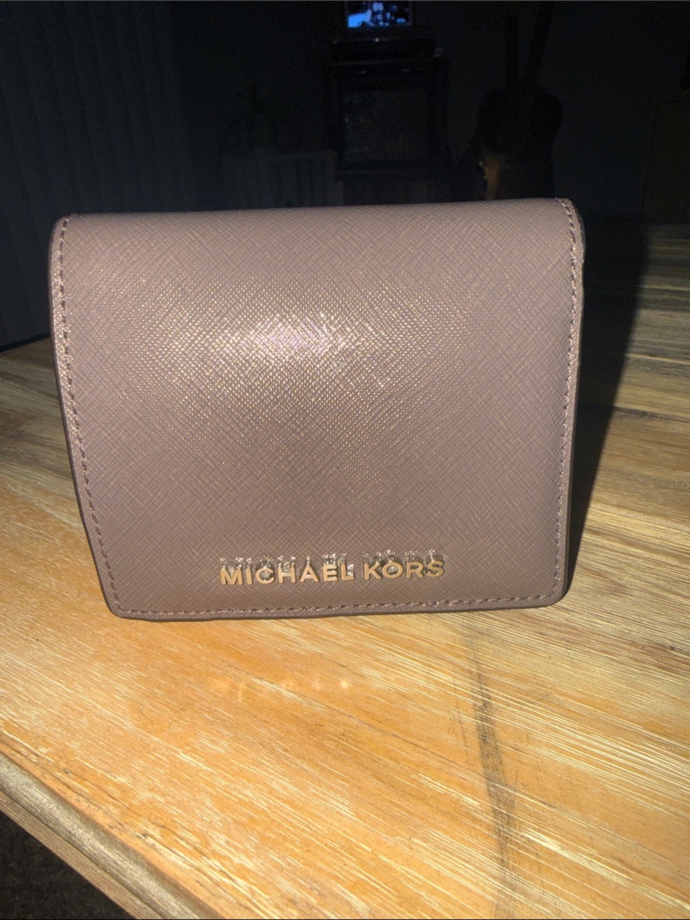 Michael Kors Taupe Saffiano Leather Compact Wallet with Gold Logo